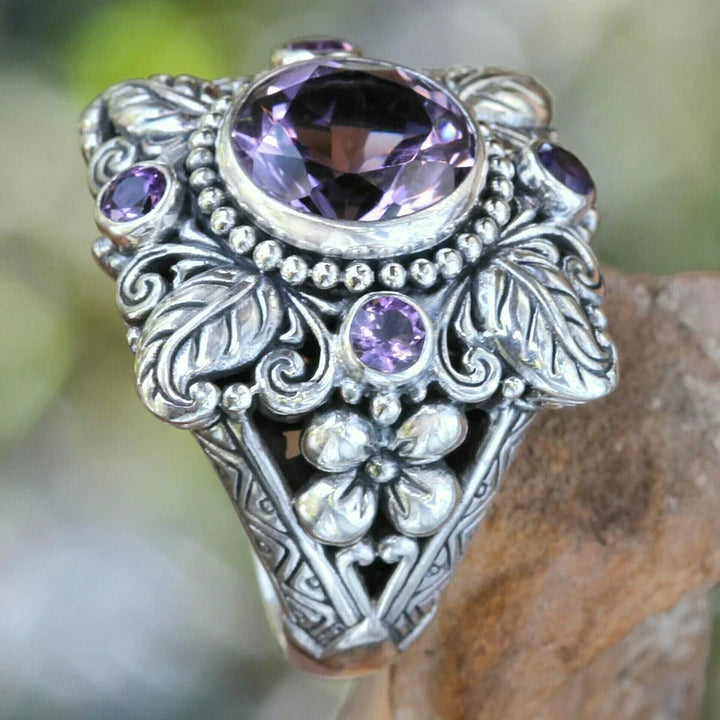 925 Meditation Amethyst Crystal Flower Ring