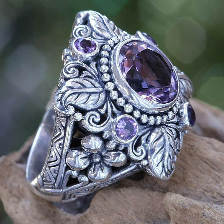 925 Meditation Amethyst Crystal Flower Ring